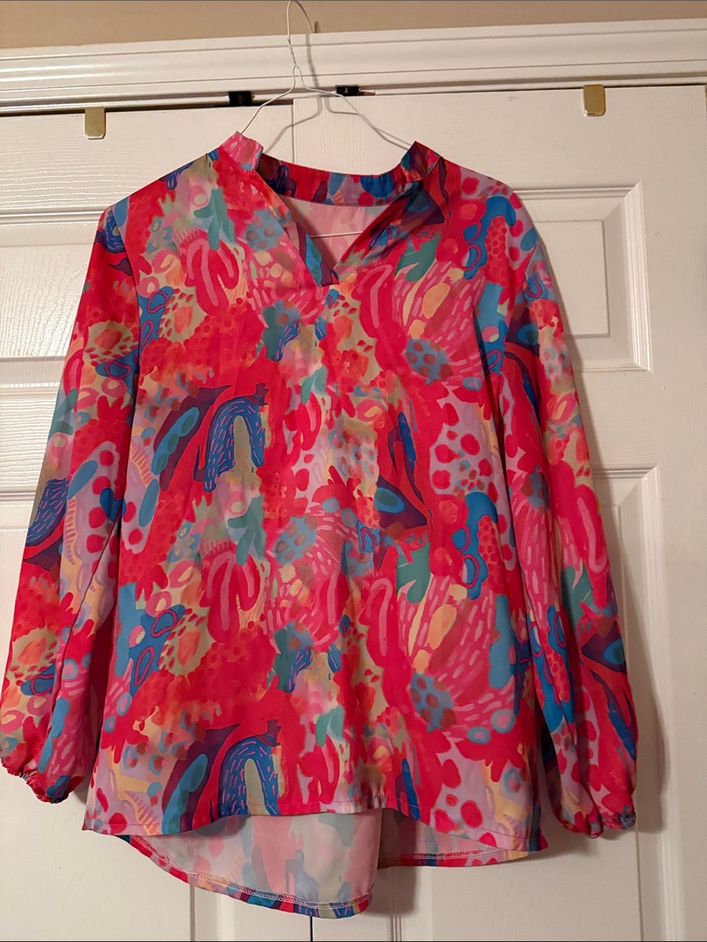 SHEIN Pink Multicolor V-Neck Abstract Print Blouse